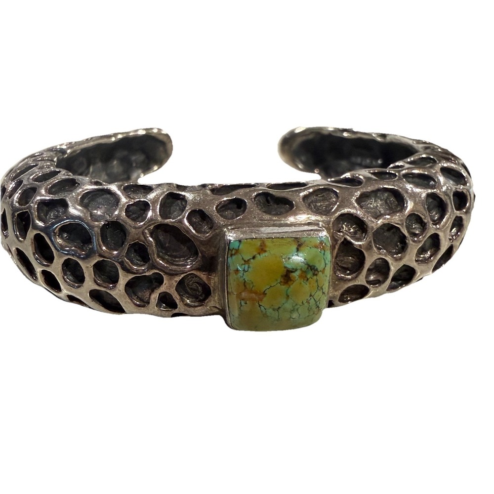 Dian Malouf 925 & 14k Small Textured Cuff Bracelet Green & Brown Turquoise Stone